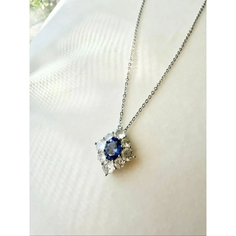 Blue Sapphire Halo Pendant Necklace Silver CZ Rhinestone Floral Statement